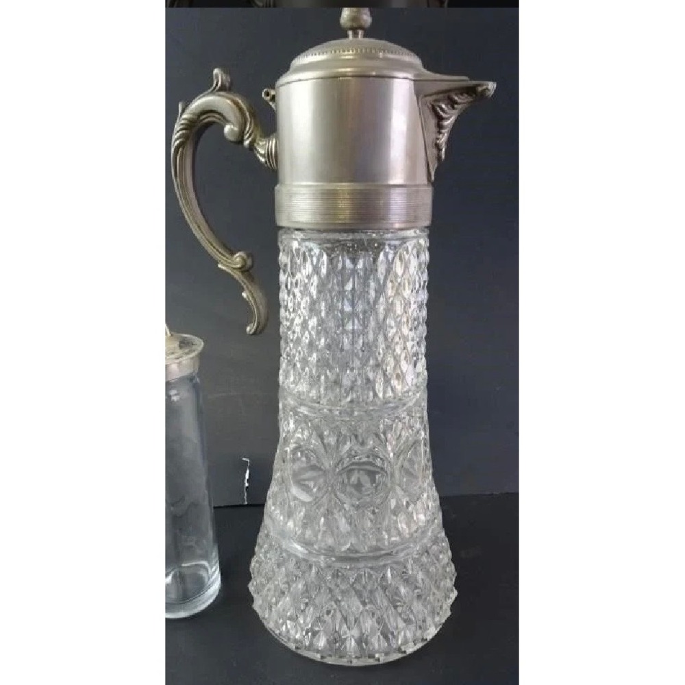 Vintage Crystal Claret Jug Ornate Silver Tone Lid Handle Diamond Cut Decanter